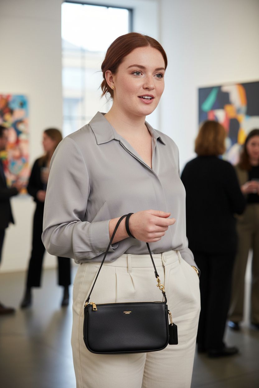 Petite black Coach Plaza Bag held as a clutch, showcasing its elegant design and gold logo.