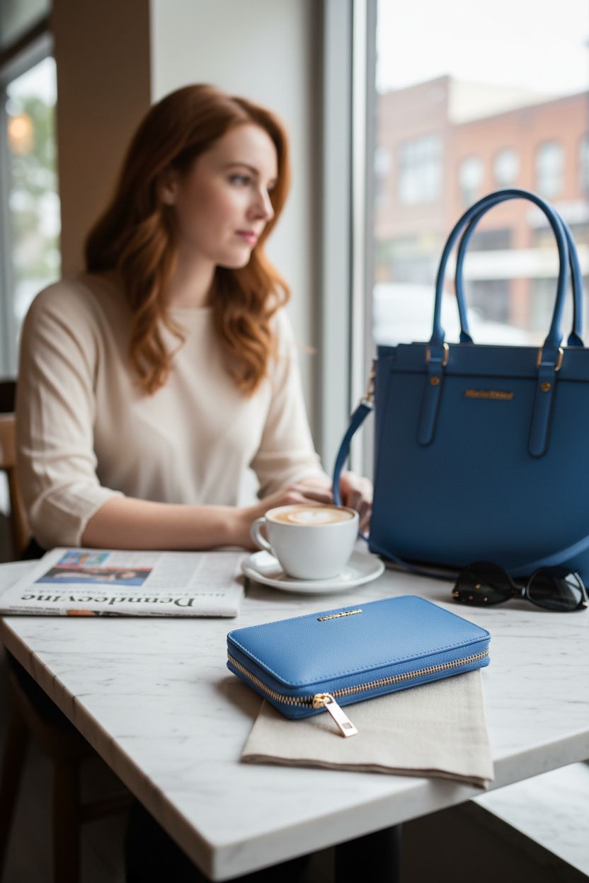 Montana West blue tote bag elegantly placed next to a cappuccino in a cozy café, enhancing everyday sophistication.