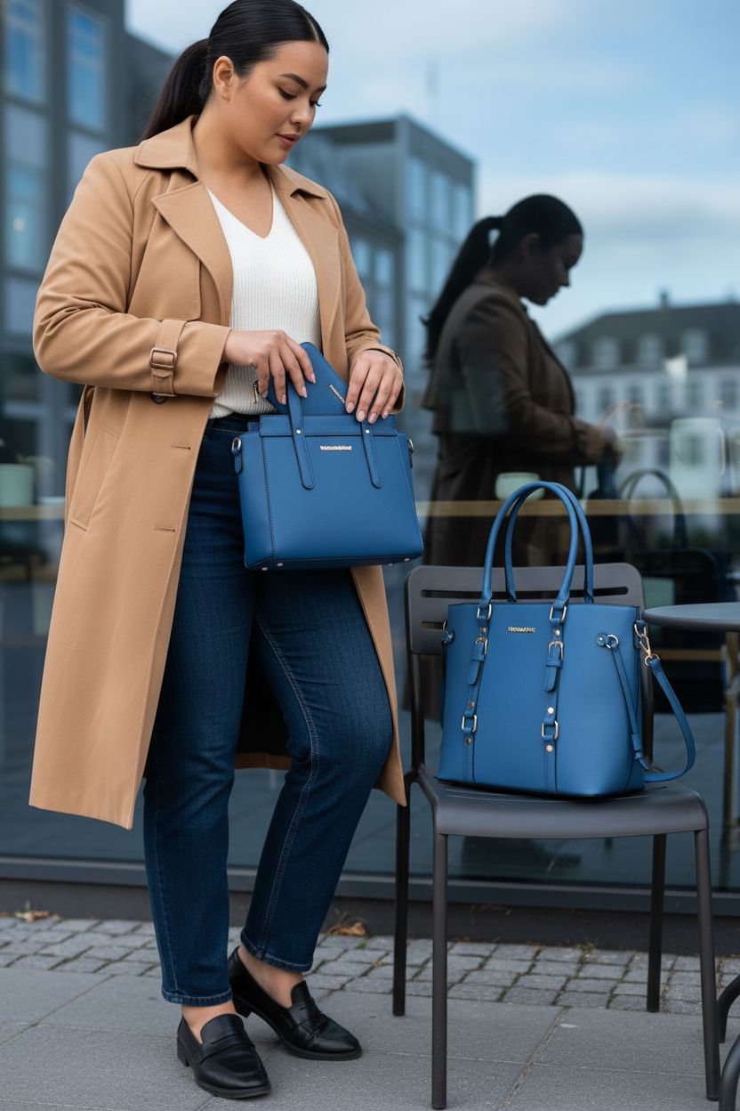 Montana West blue handbag set featuring a tote, satchel, and wallet, perfect for casual errands and meetings.