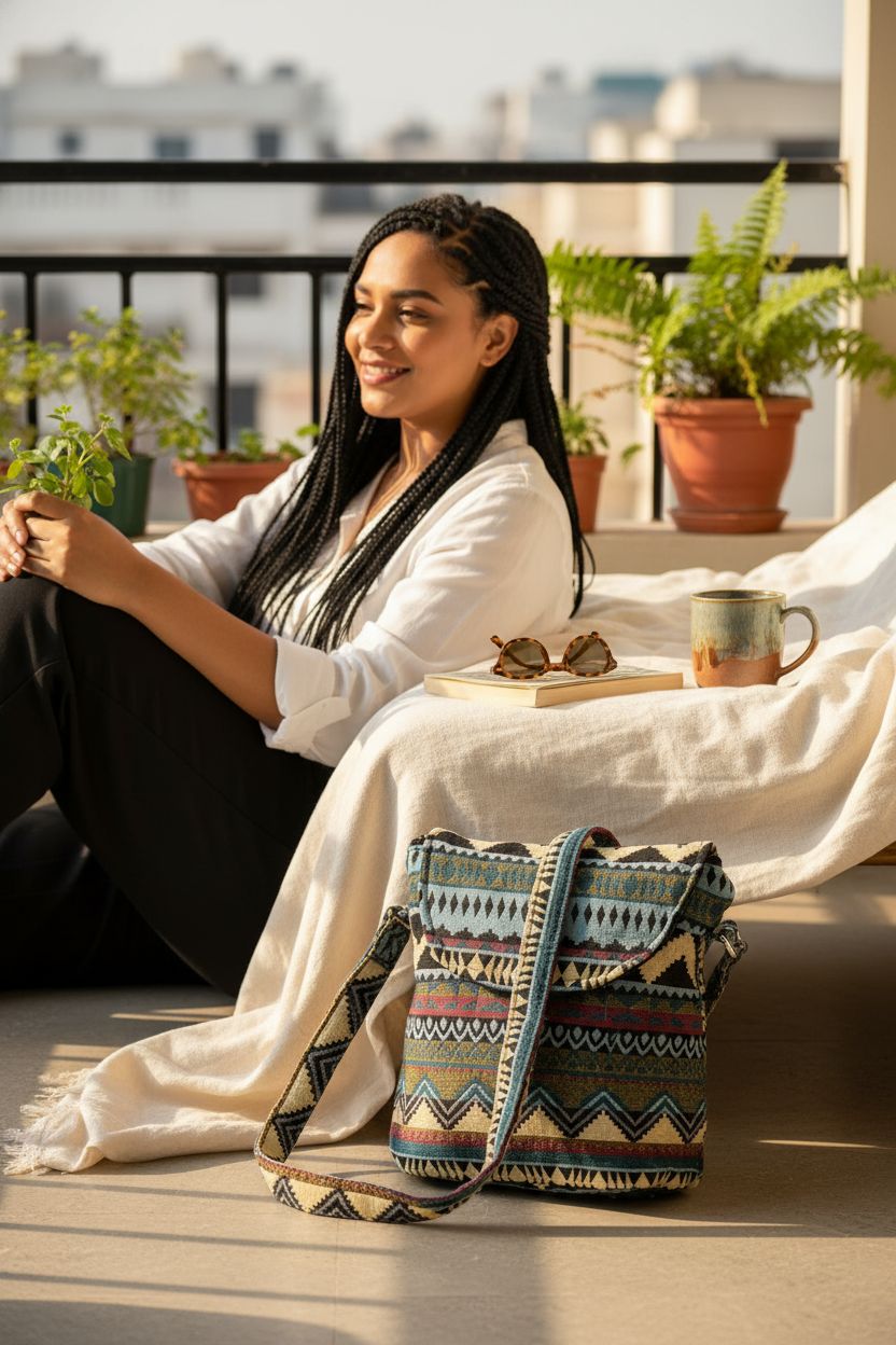 Tramzzd M boho shoulder bag on a balcony, surrounded by greenery, ideal for a relaxed vibe.