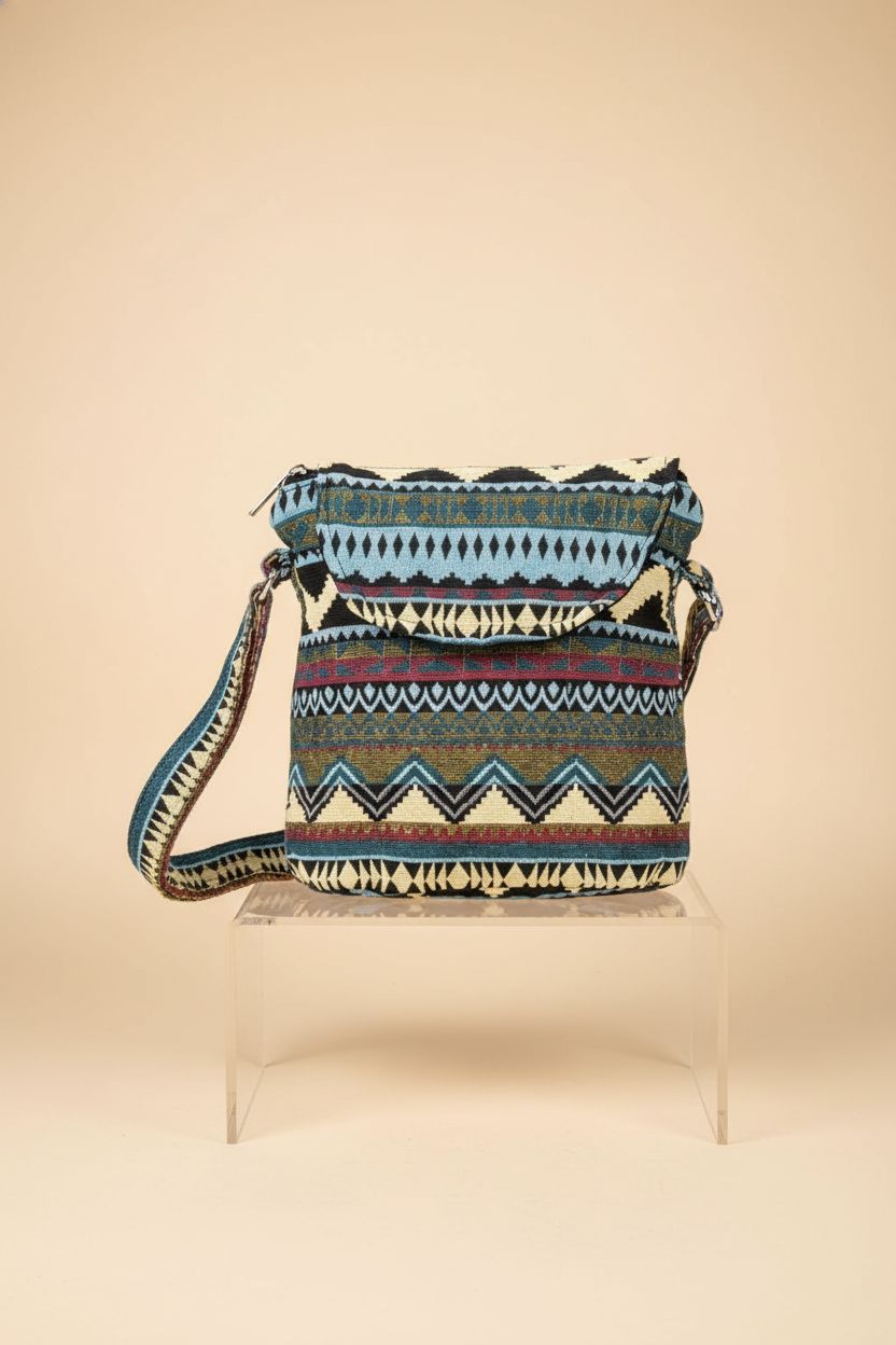 Tramzzd M boho messenger bag featured on a minimal studio set highlighting its craftsmanship.