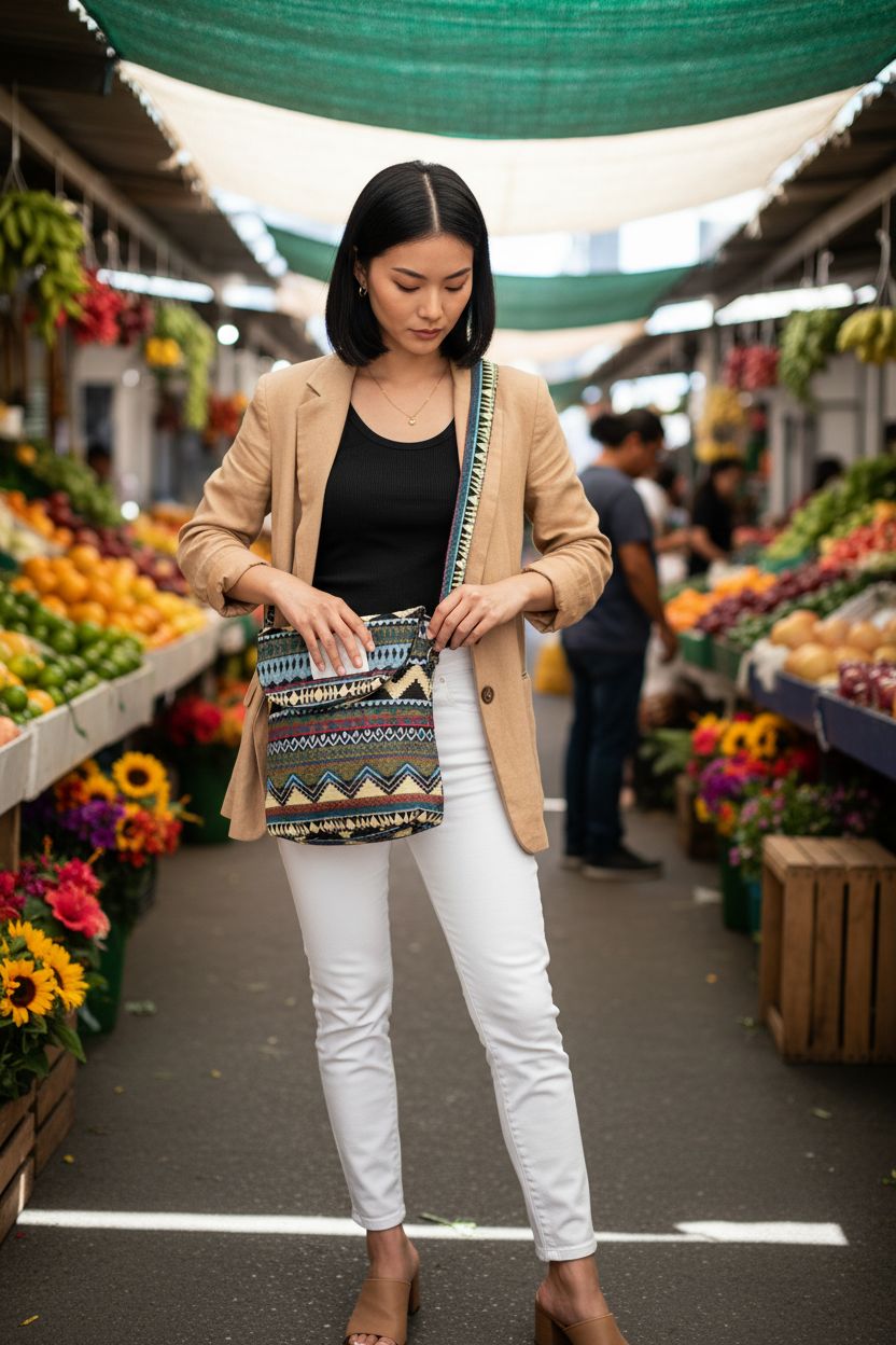 Tramzzd M boho saddle pocket swing pack bag displayed at an urban market, showcasing stylish design.