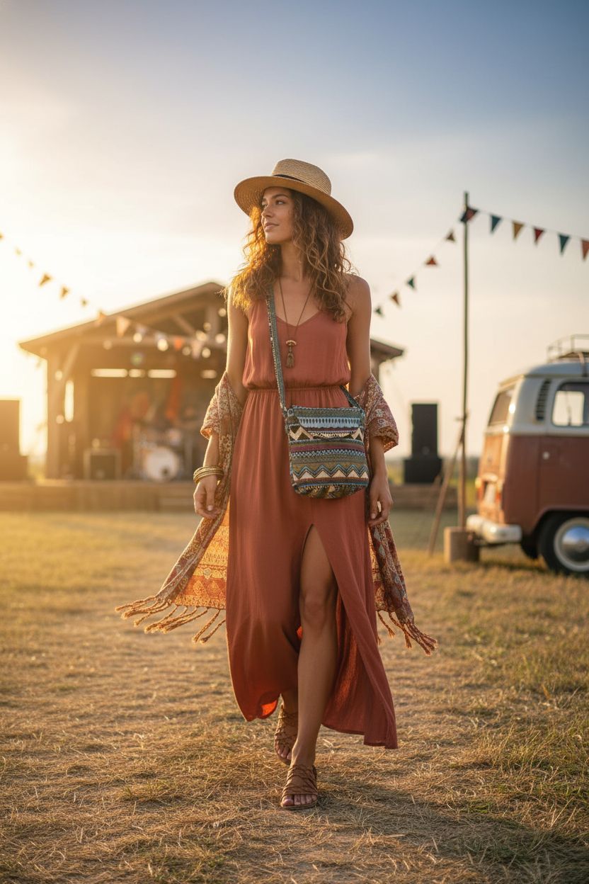 Tramzzd M geometric denim crossbody bag at a sunset music festival, perfect for boho style lovers.