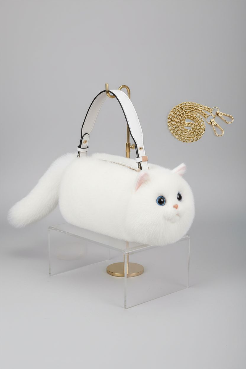 Detailed view of CHOBYNER white plush cat purse showcasing craftsmanship and materials