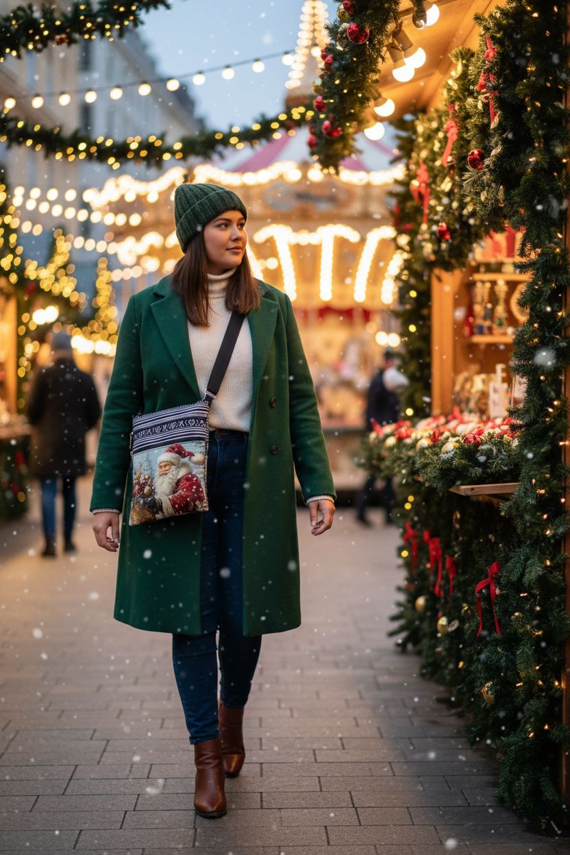 XiaoGalaee Santa crossbody bag with vibrant red print, showcased in a cozy Christmas market setting.