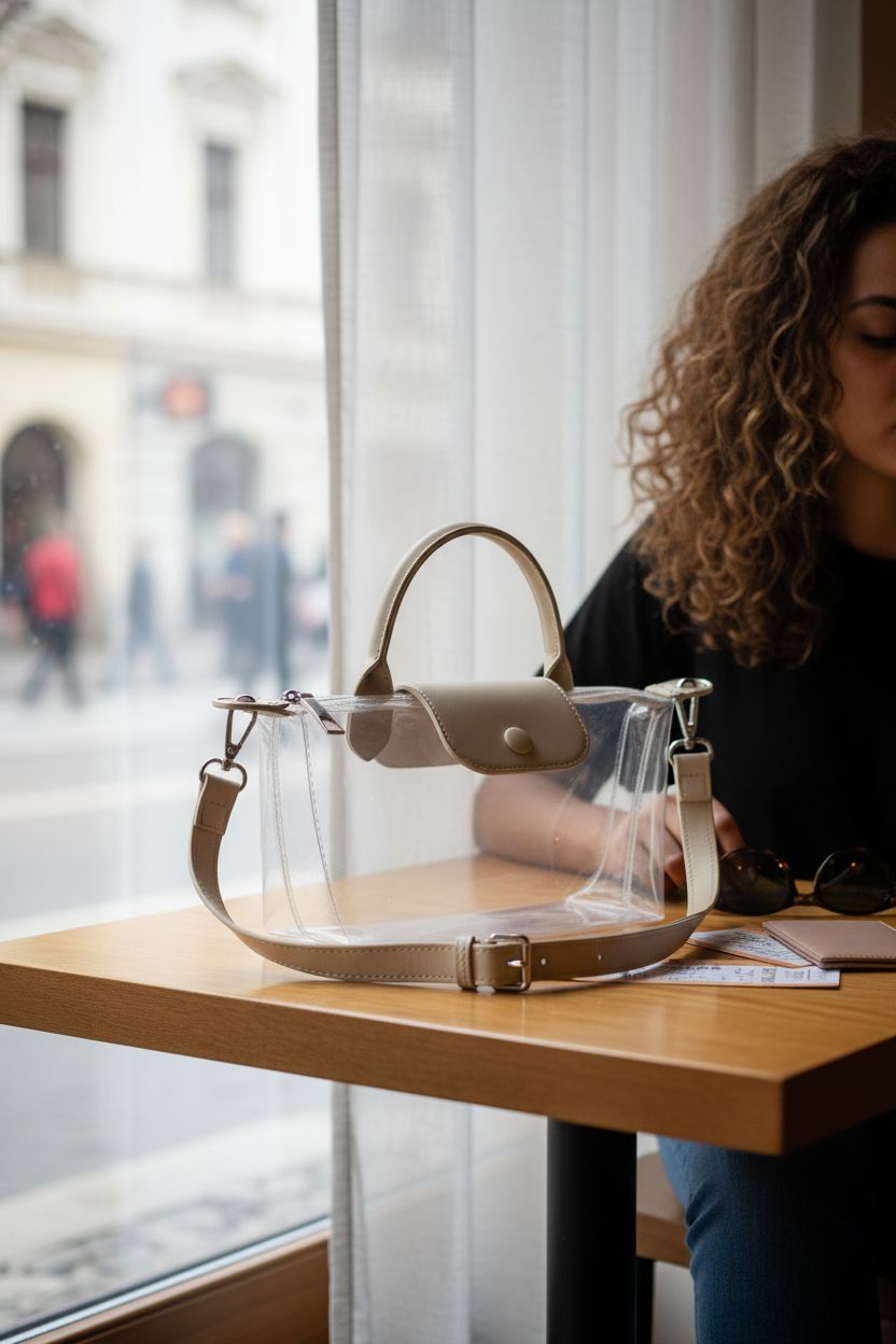BOSTANTEN clear purse resting on a wooden table with tickets and sunglasses, ideal for pre-event relaxation.