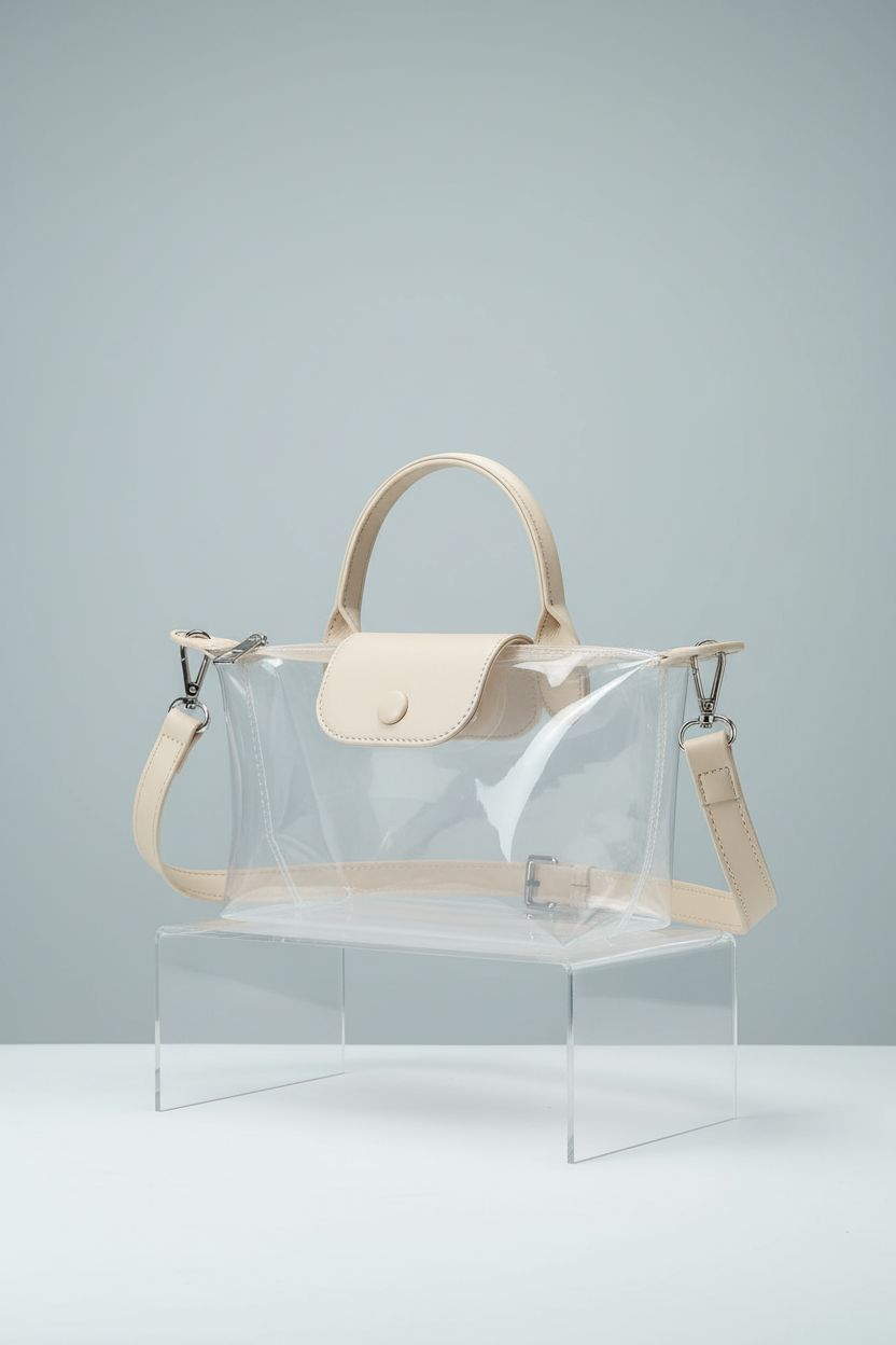 BOSTANTEN clear crossbody purse displayed in a studio, highlighting crystal-clear PVC and nude trim.