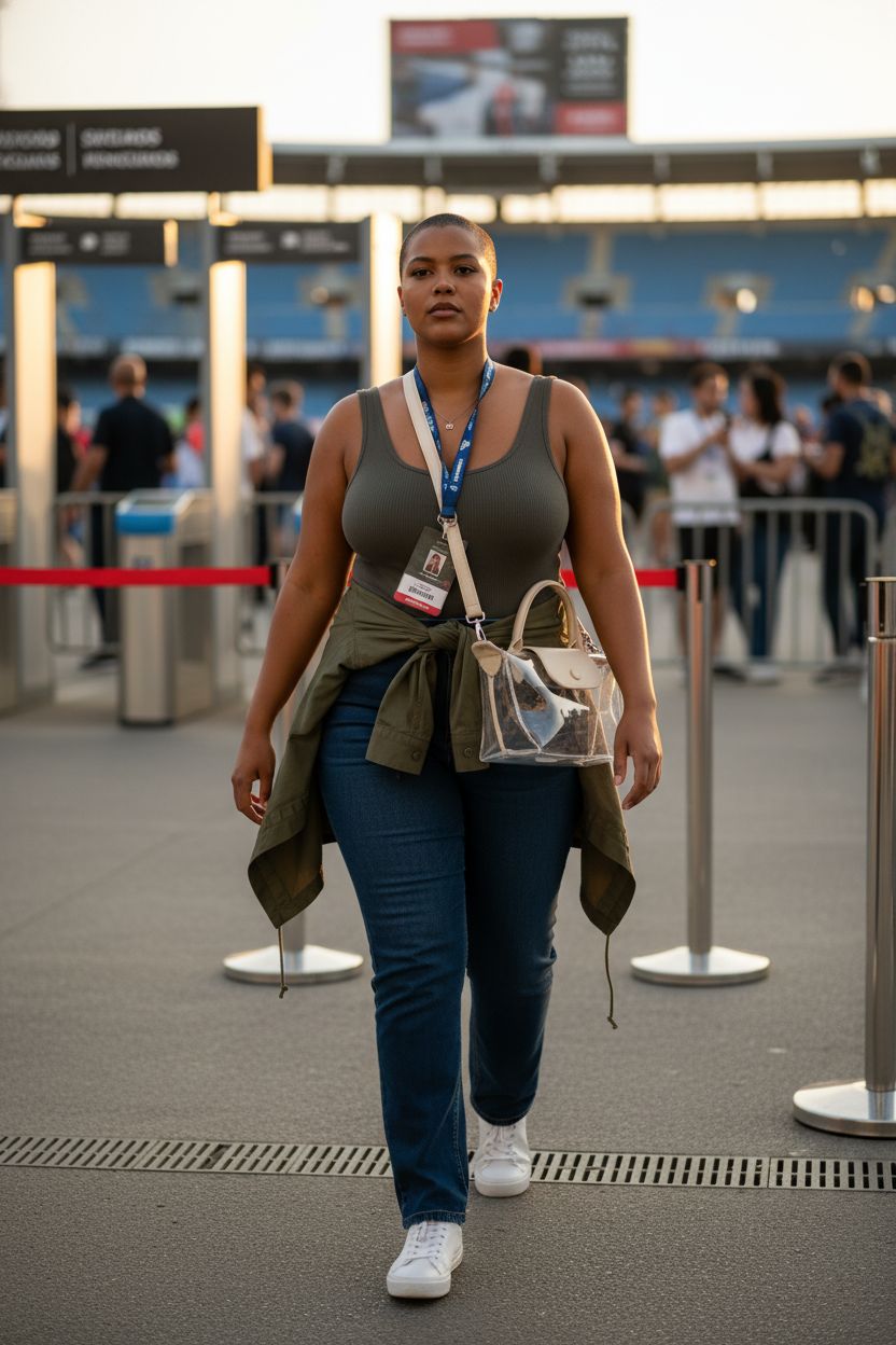BOSTANTEN clear bag styled as a small crossbody purse for stadium events with nude trim.