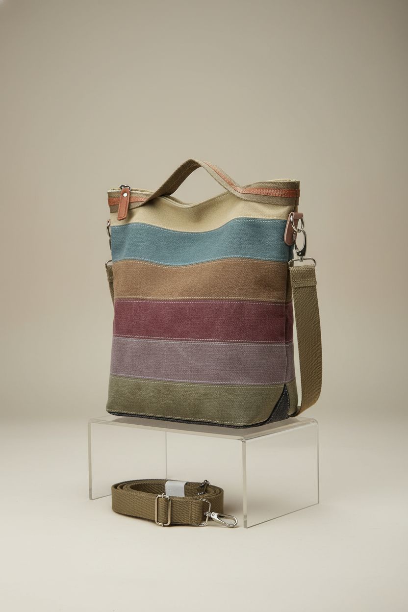 CVFAJI canvas hobo handbag displayed with focus on its striped design and quality details on a gray background