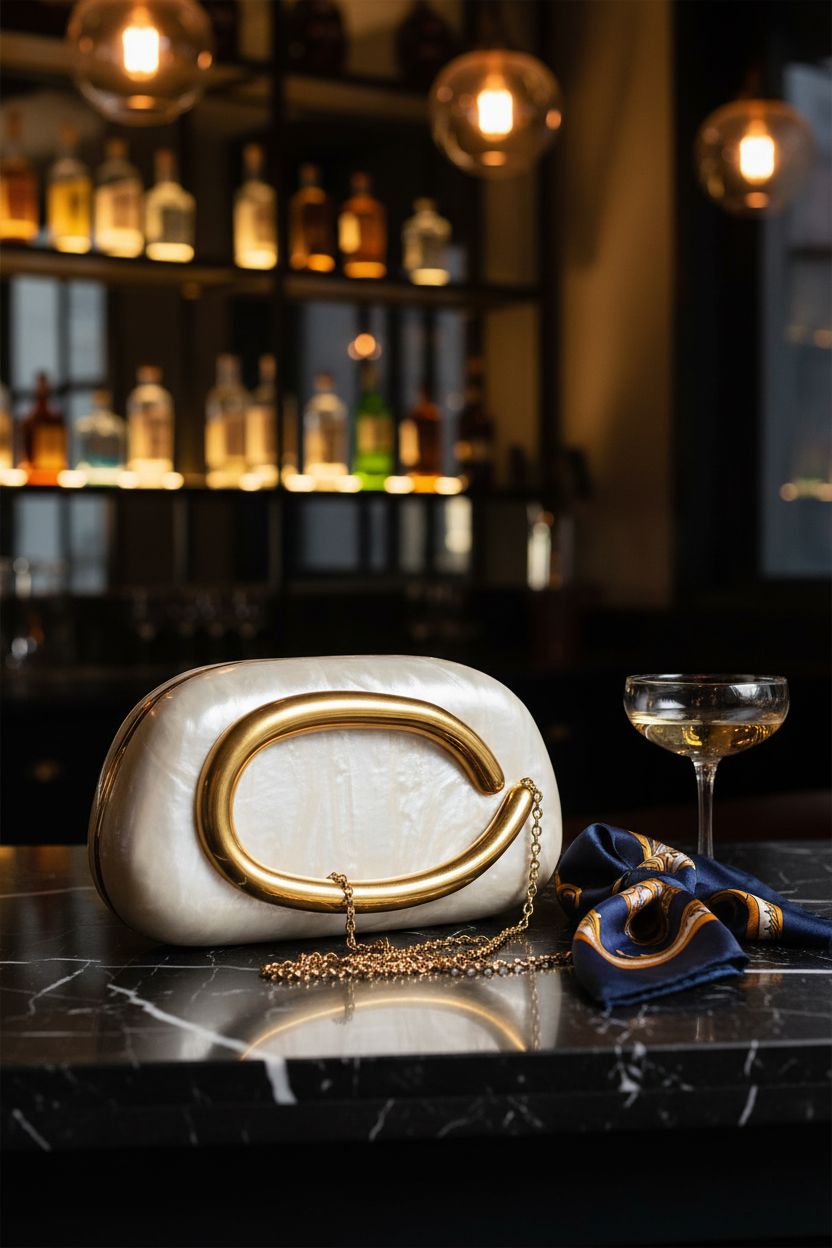 Jusavie pearl finish clutch on a marble bar top, surrounded by elegant decor, perfect for upscale events.