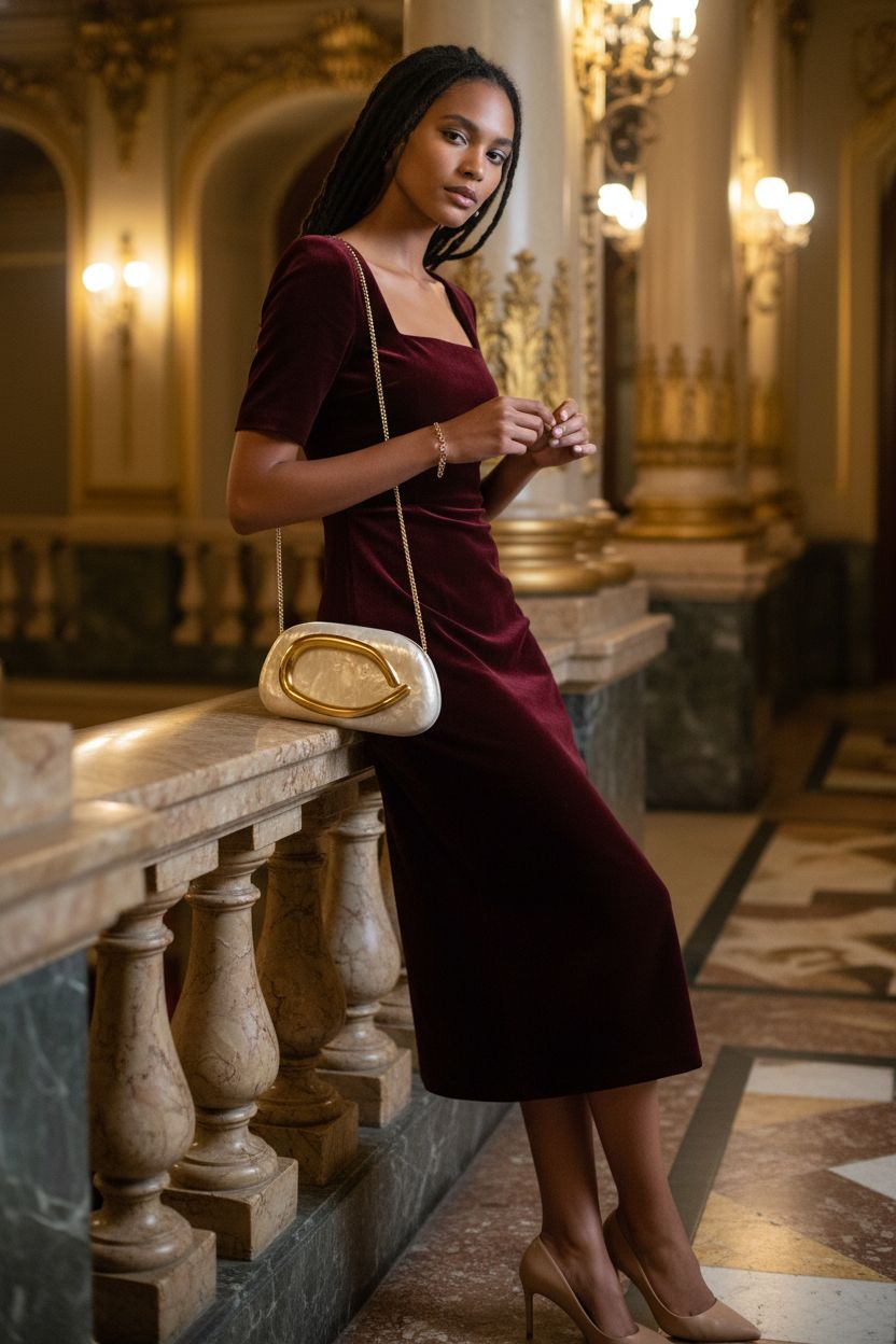 Jusavie evening clutch purse in pearl finish beside a burgundy velvet dress, perfect for weddings.