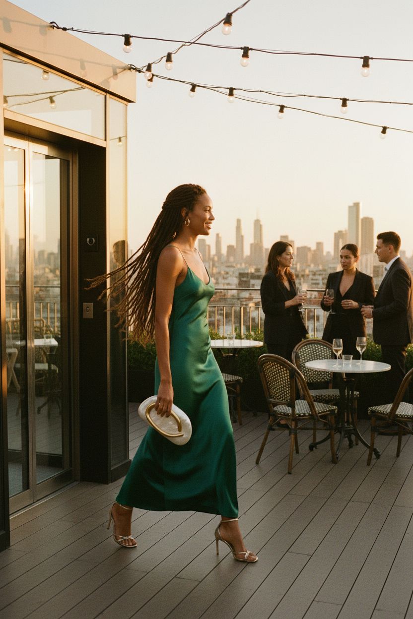 Jusavie pearl white clutch with gold hardware against an emerald satin dress, ideal for cocktail parties.