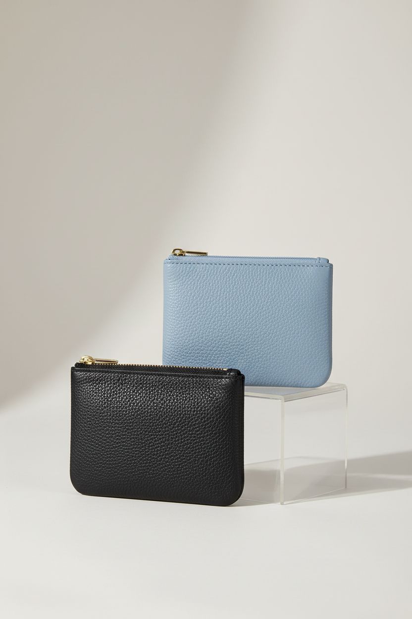 Chelmon PU Leather blue and black coin purses displayed elegantly on a clean studio backdrop.