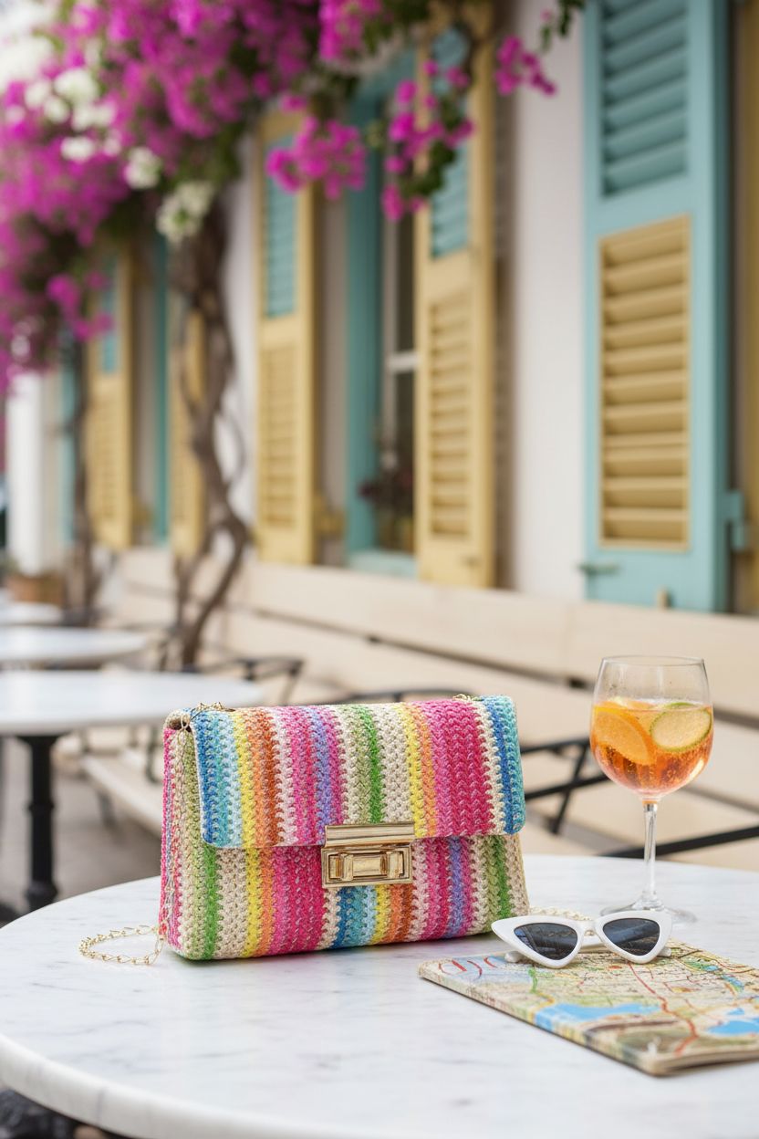 Oweisong rainbow straw purse beside a travel guide on a sunny café terrace, evoking vacation vibes.