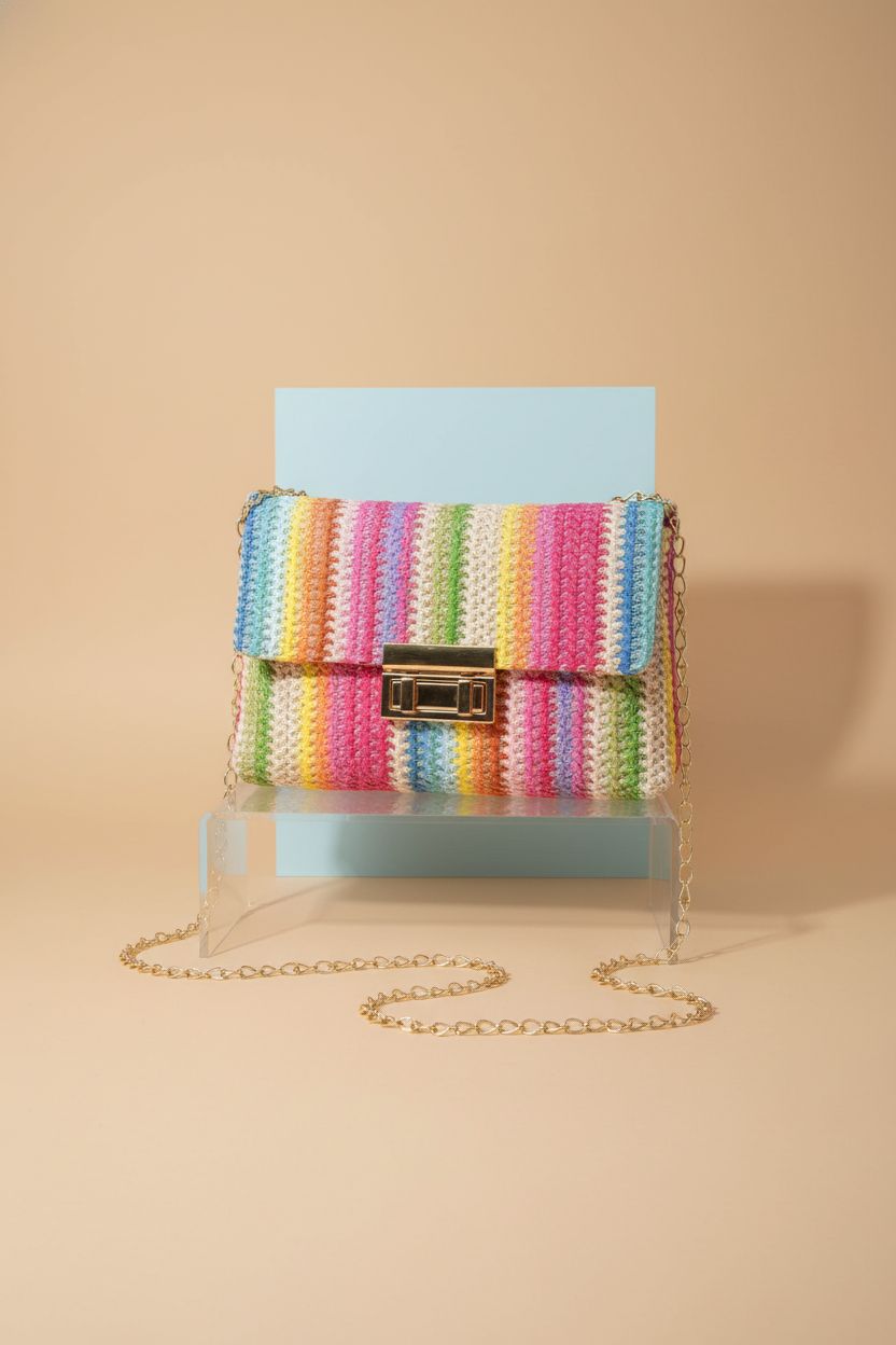 Oweisong small summer straw purse displayed on a clear riser, highlighting its vibrant texture.