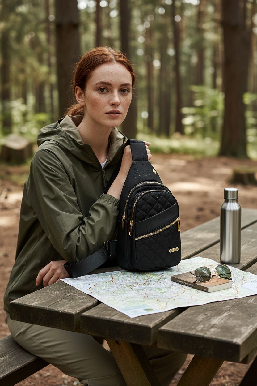 AOSTIHOT sling bag on a picnic table with hiking gear, perfect for outdoor exploration.