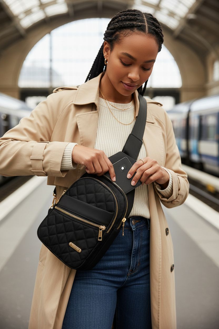 AOSTIHOT crossbody sling bag on a train platform, stylish and functional for travel.