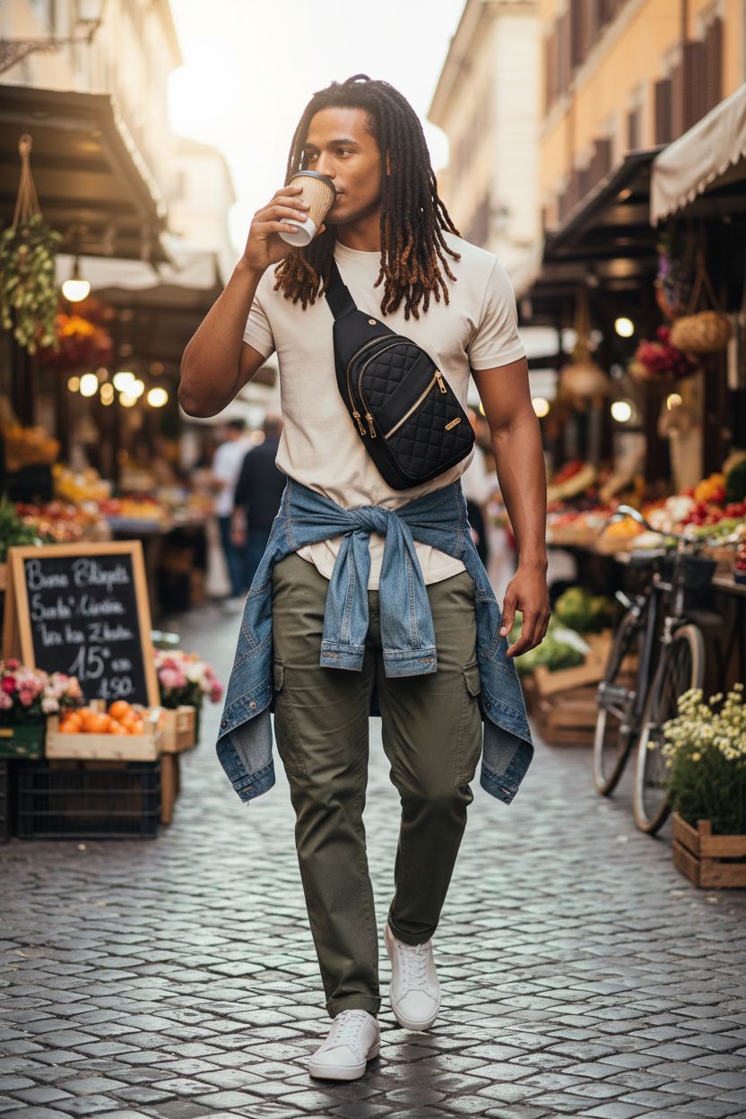 AOSTIHOT crossbody sling bag worn frontally at a market, ideal for hands-free convenience.