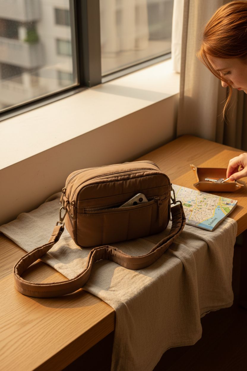BAGSMART brown puffy crossbody resting on a cozy bench with a travel guide and room key