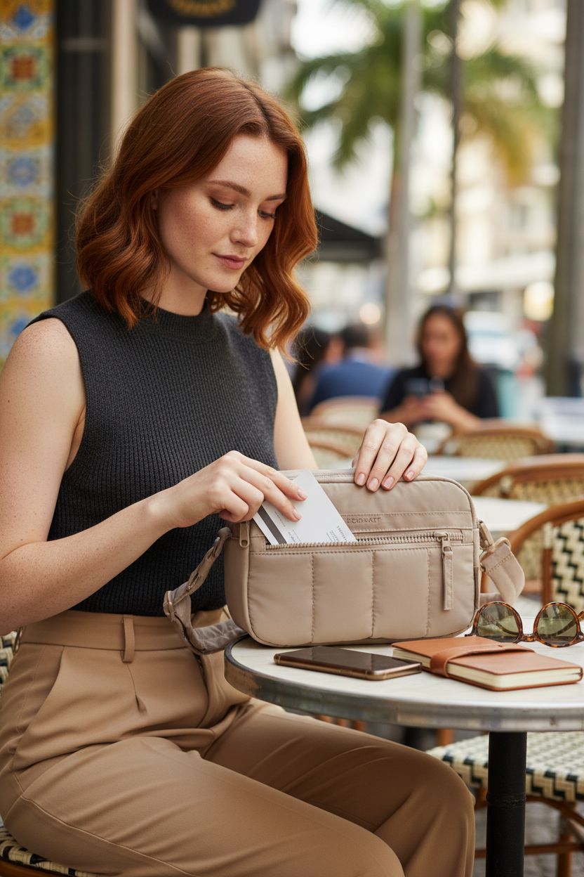 BAGSMART brown crossbody bag on a café table, showcasing RFID wallet and quick-access sleeve