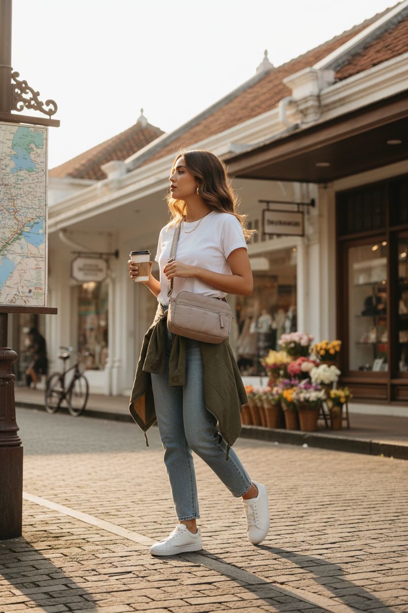 BAGSMART mini puffy crossbody bag worn by a traveler, perfect for hands-free exploration