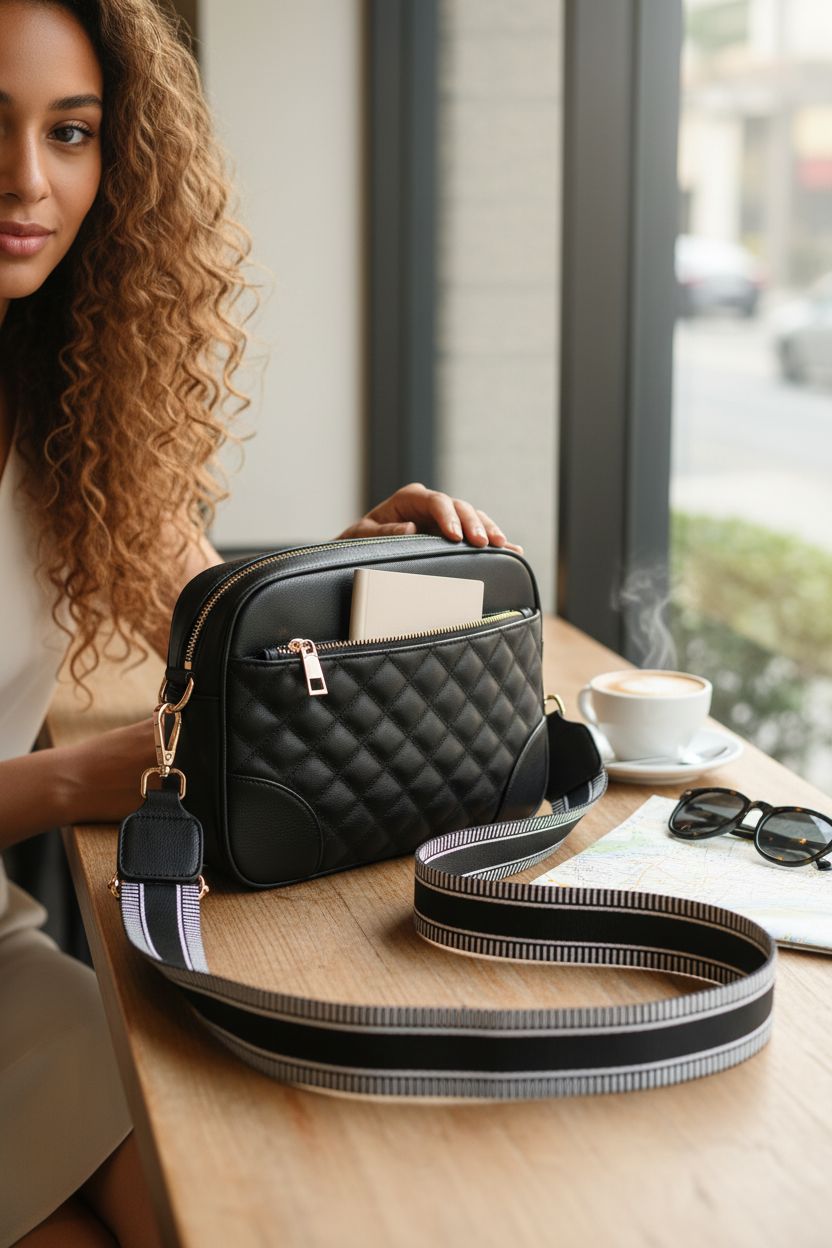 FYY black quilted crossbody purse on a wooden cafe table with morning light