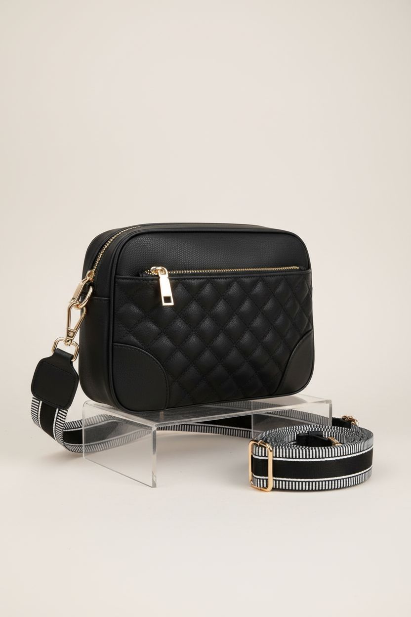 FYY small black quilted crossbody purse showcased on a neutral background