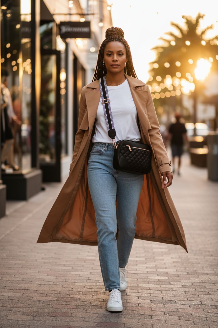 FYY small black quilted crossbody purse on a boutique shopping street