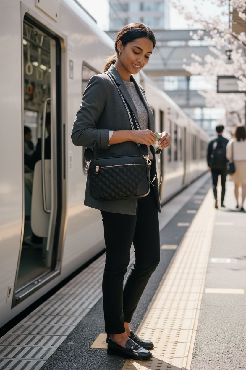 FYY black quilted crossbody bag on a sunlit train platform with guitar strap