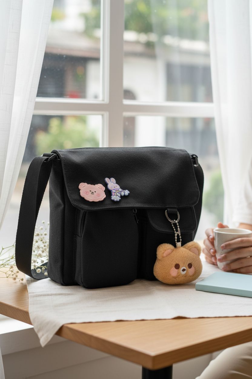 Phaoullzon cute crossbody bag resting on a table with soft decor in a café
