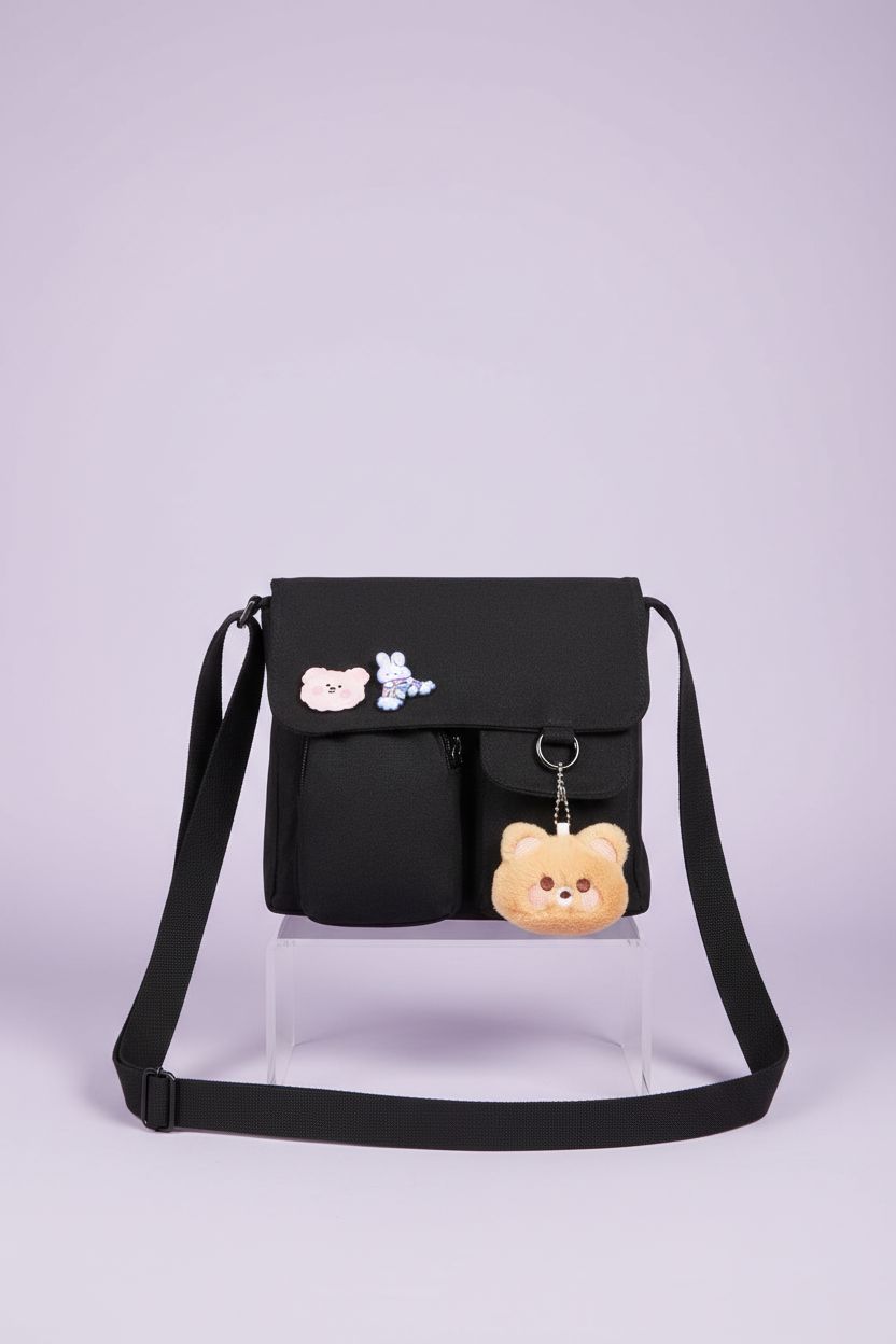 Phaoullzon black canvas crossbody bag on a clean studio backdrop, showcasing details