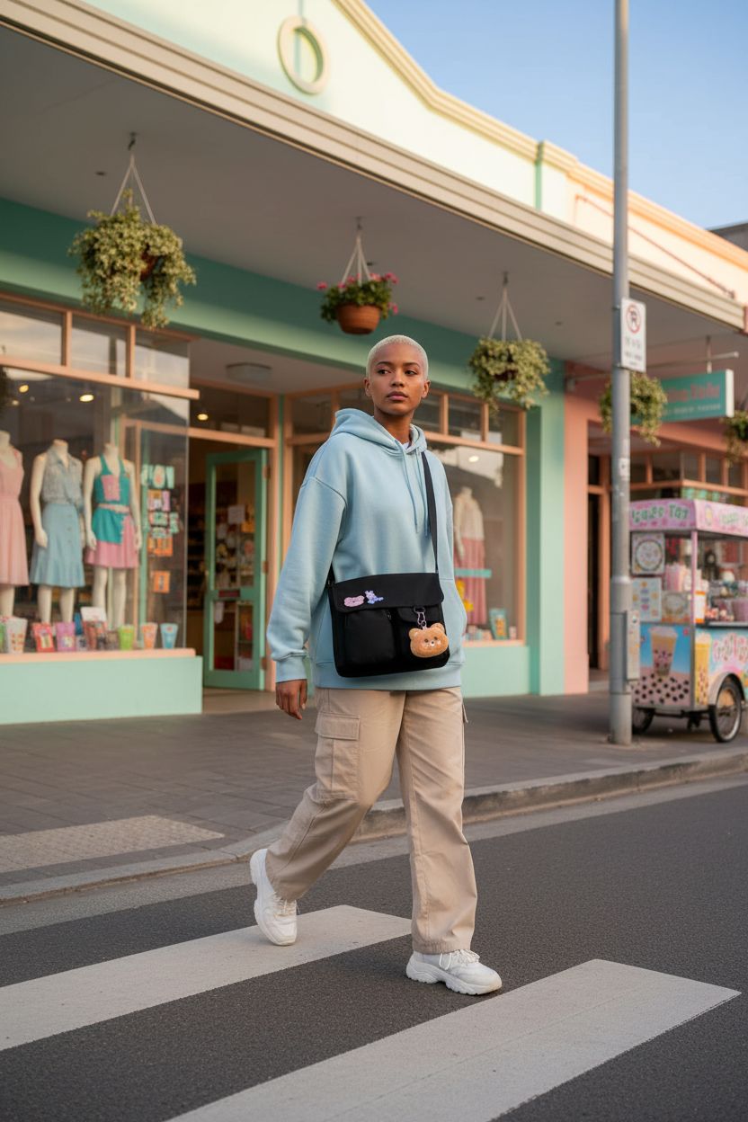 Phaoullzon cute black canvas crossbody bag bouncing while walking past colorful shops
