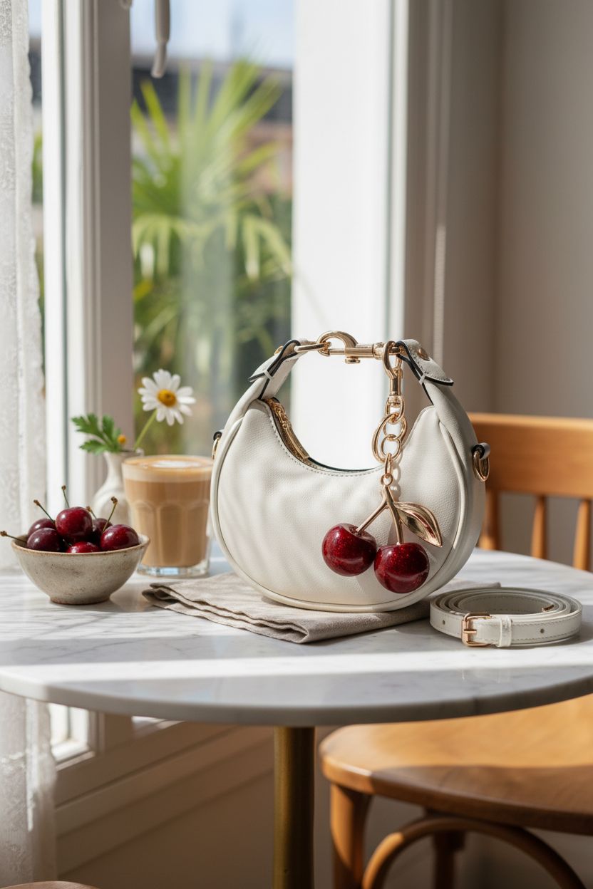 JQWSVE white crescent purse on marble table with cherries and latte in a cozy café setting.