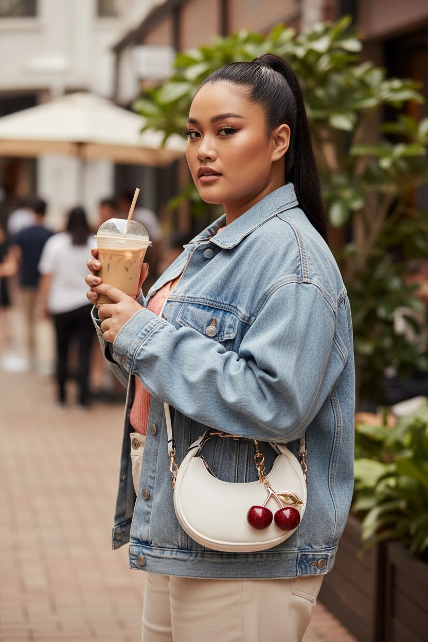 JQWSVE white crescent mini purse worn crossbody with charm, styled with denim jacket and knit.