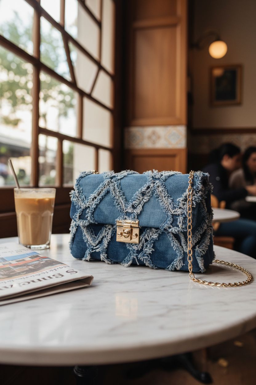 QWINEE denim purse on a marble table beside coffee and a newspaper