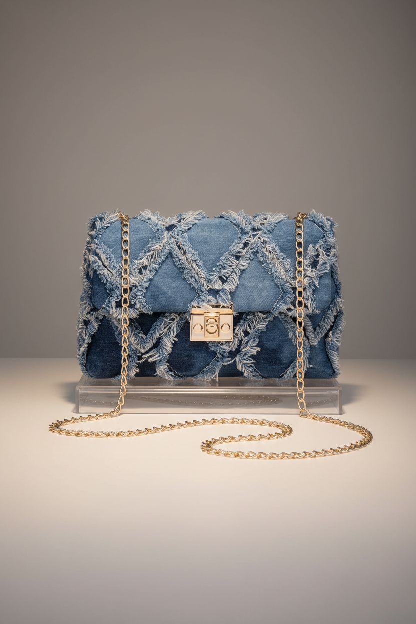 QWINEE denim crossbody bag featuring twist lock and chain strap on display