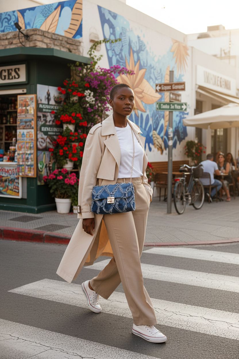 QWINEE blue denim purse showcased against a vibrant mural backdrop
