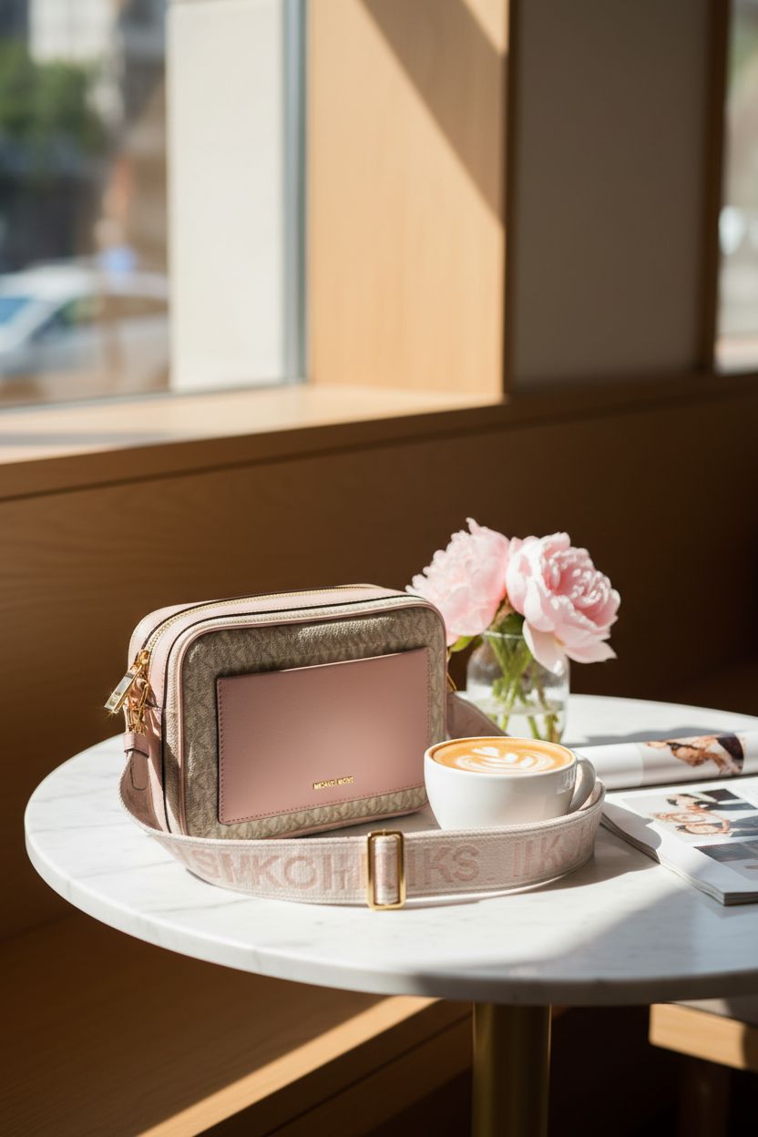 Michael Kors Maeve Crossbody Bag set on a marble table beside a cappuccino and peonies in a sunlit café nook.