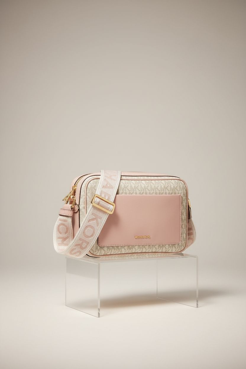 Michael Kors Maeve Large Pocket Crossbody Bag showcased on a clean studio set, highlighting its design and materials.
