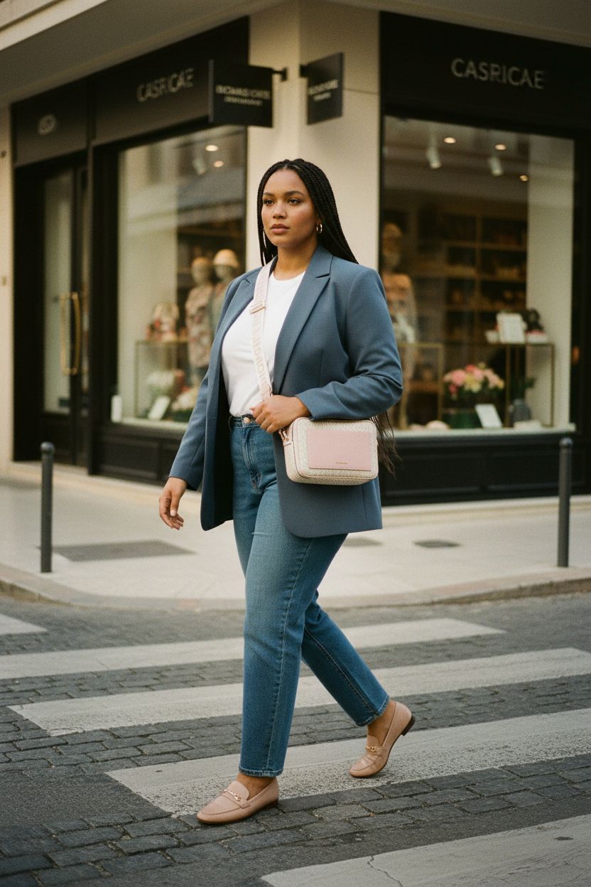 Michael Kors Maeve Crossbody Bag in Soft Pink, styled with a tailored blazer on a cobblestone street.