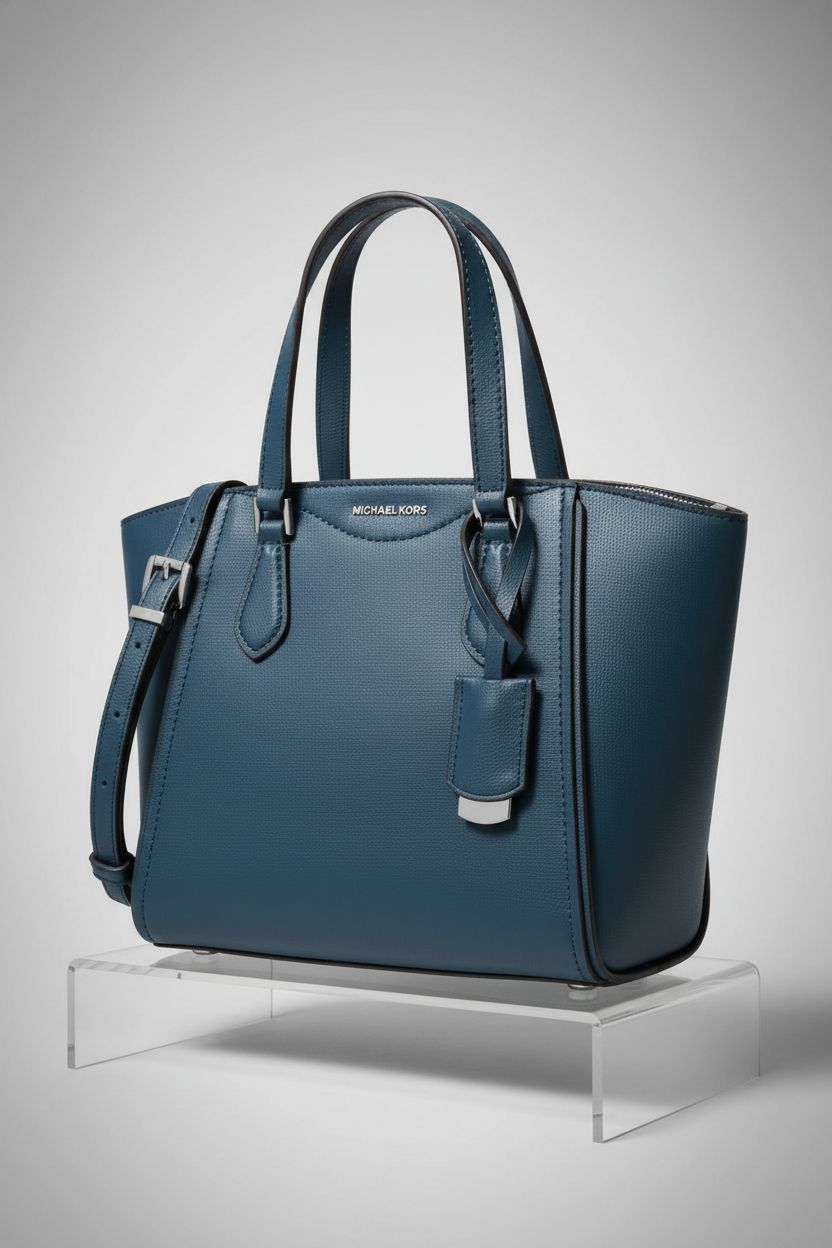 Product shot of Michael Kors small convertible crossbody bag, showcasing dark chambray and silver hardware.