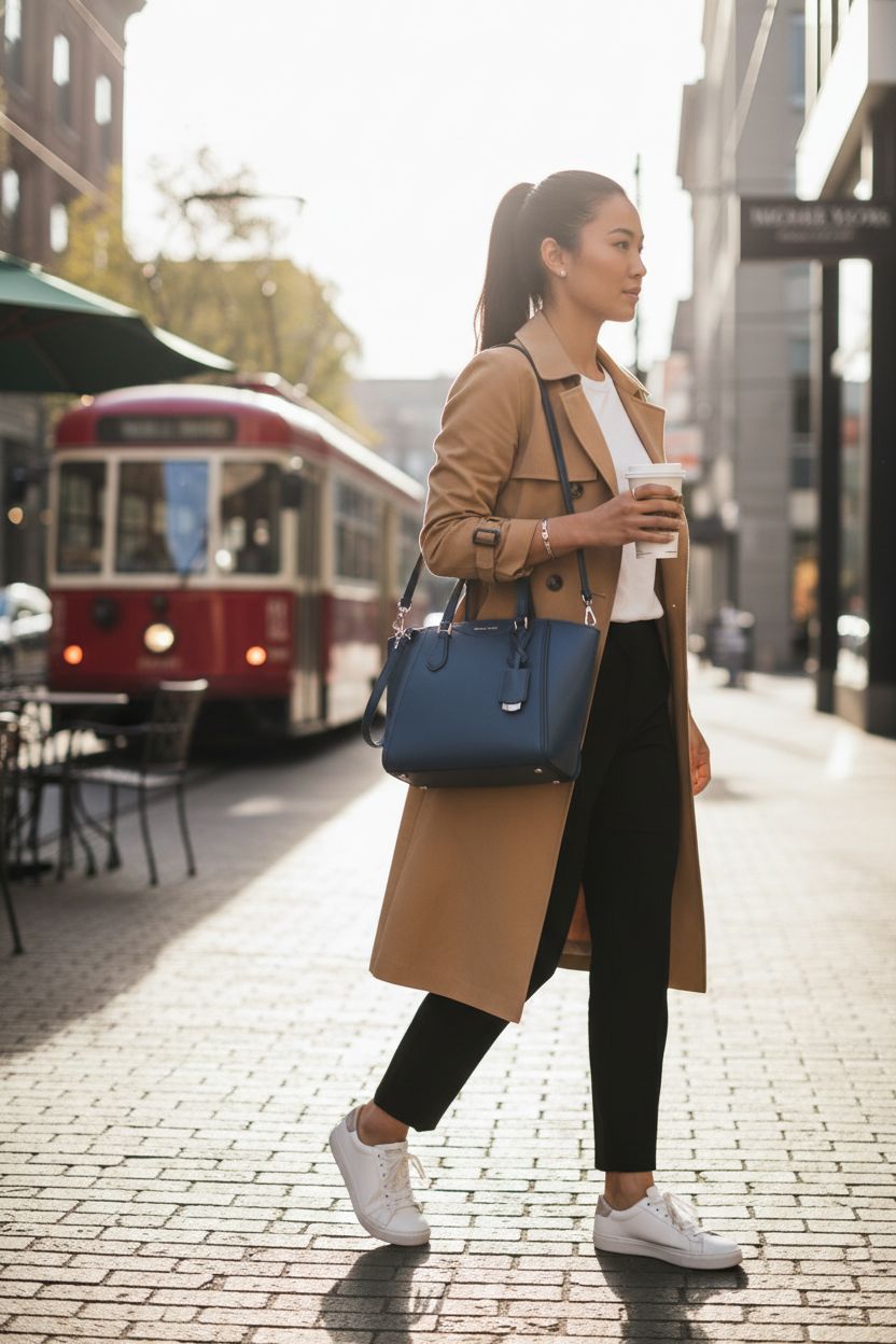 Michael Kors dark chambray crossbody bag with silver-tone hardware in a stylish outdoor shopping scene.