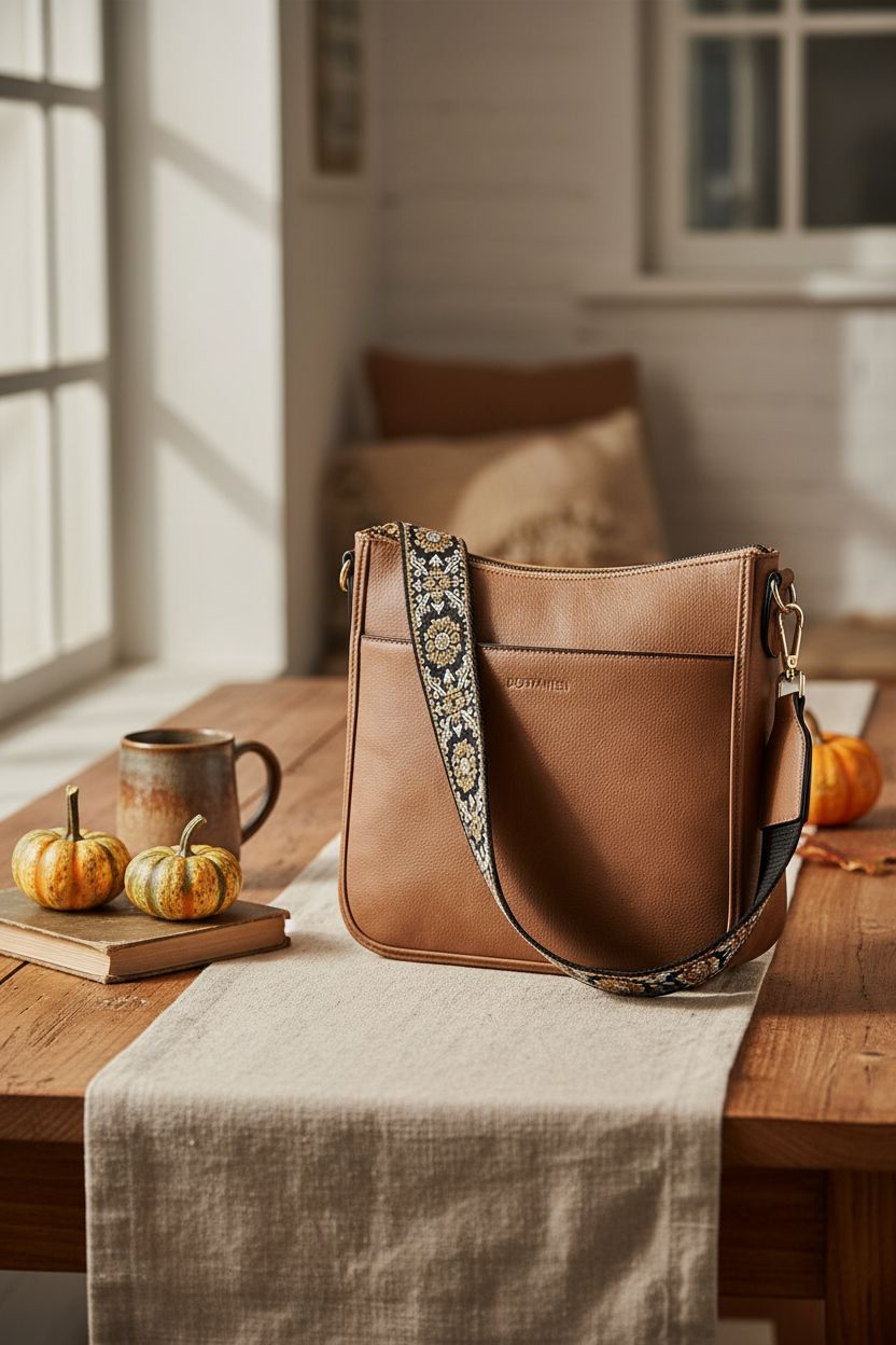 BOSTANTEN vegan leather bag on a cozy fall table with gourds and a mug