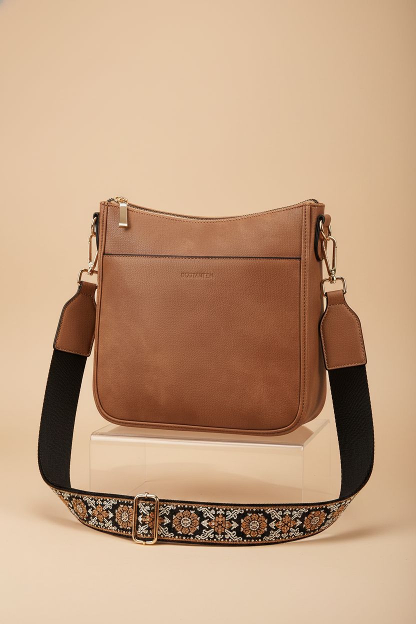 Detailed view of BOSTANTEN brown vegan leather handbag showcasing its features