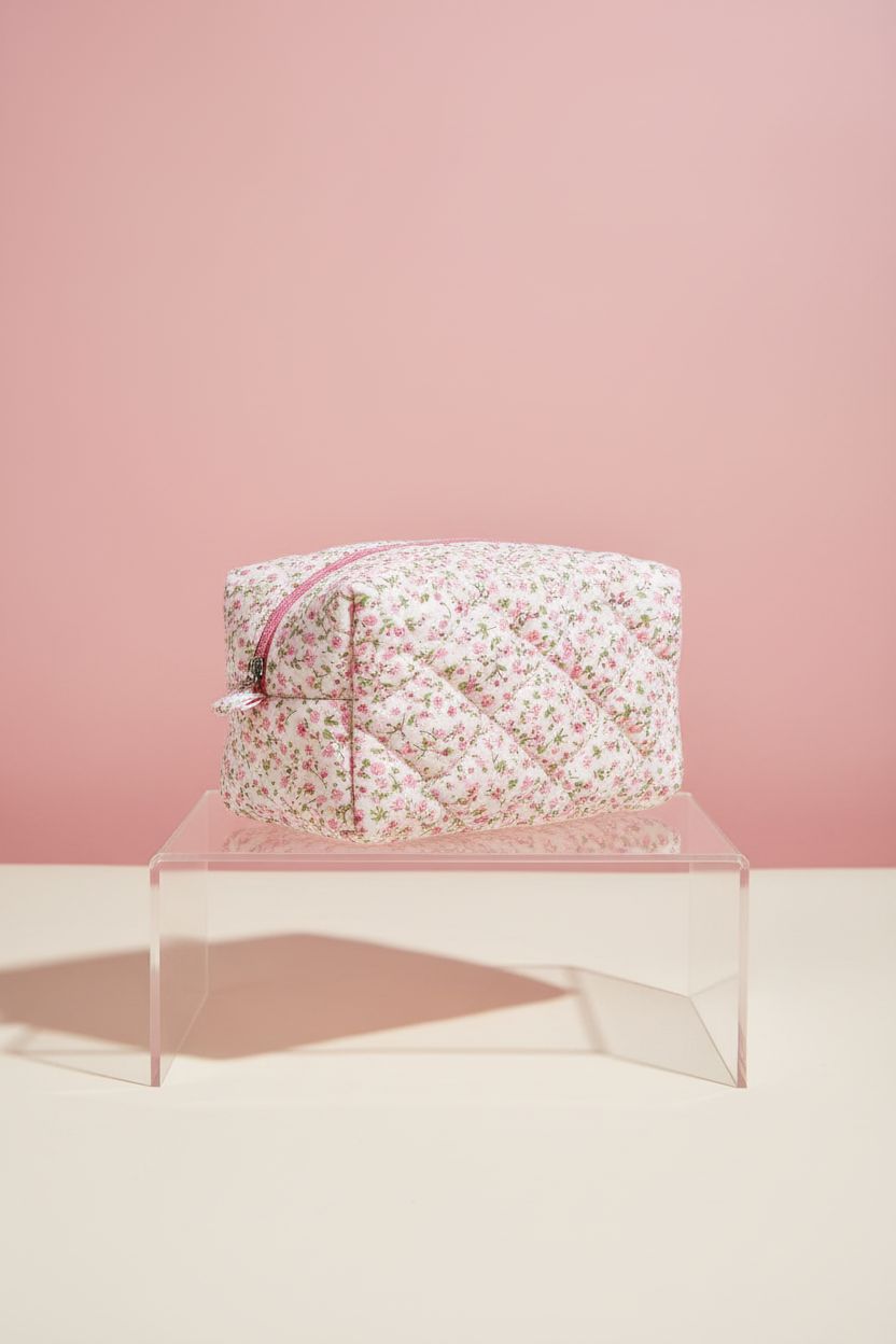URSKYTOUS pink floral quilted makeup bag on a clean studio set