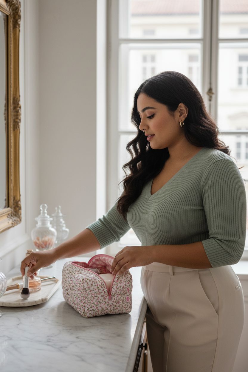 URSKYTOUS floral makeup bag with gingham lining at a marble vanity