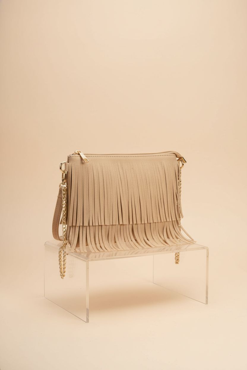 HOXIS khaki fringe purse showcasing detailed design and gold accents