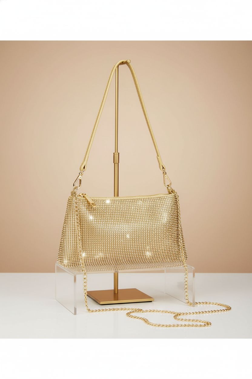 Valleycomfy gold rhinestone clutch displayed on a sleek riser for product showcase.