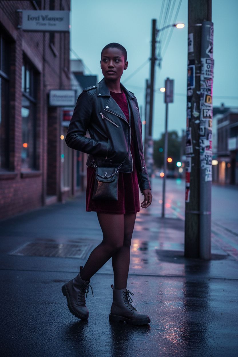 WITERY gothic crossbody bag contrasted against a plum velvet dress on a rainy street