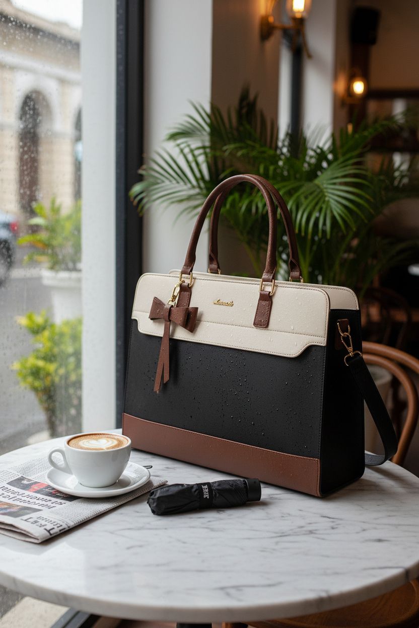 LOVEVOOK Large Computer Handbag on a marble table with a cappuccino and newspaper.